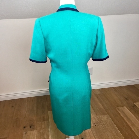 Vintage Turquoise Midi Dress with Navy Trim - Picture 9 of 12